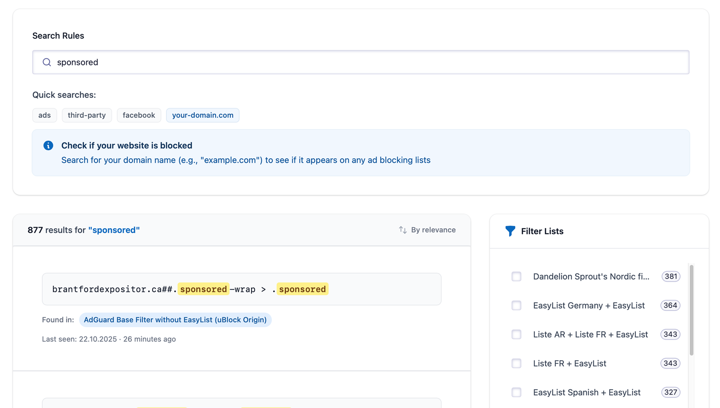 Search interface for finding blocked rules and patterns